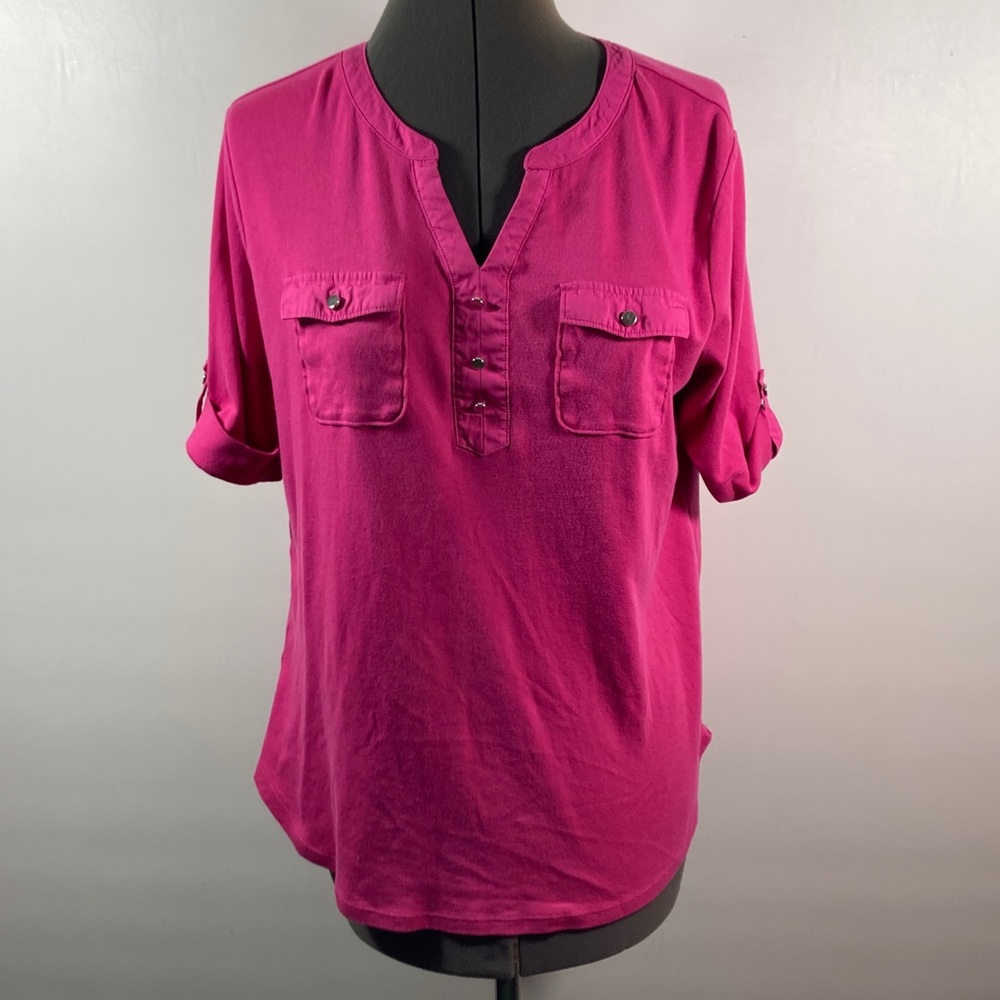 Croft & Barrow Fuchsia Blouse with Roll-Up Sleeves Pockets V Neck Size Large